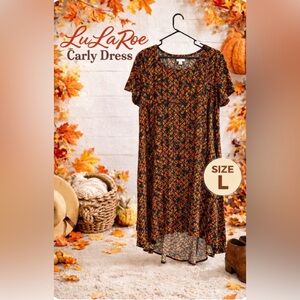 LuLaRoe Carly Dress Women’s Size L Orange Black Abstract Print- High-Low